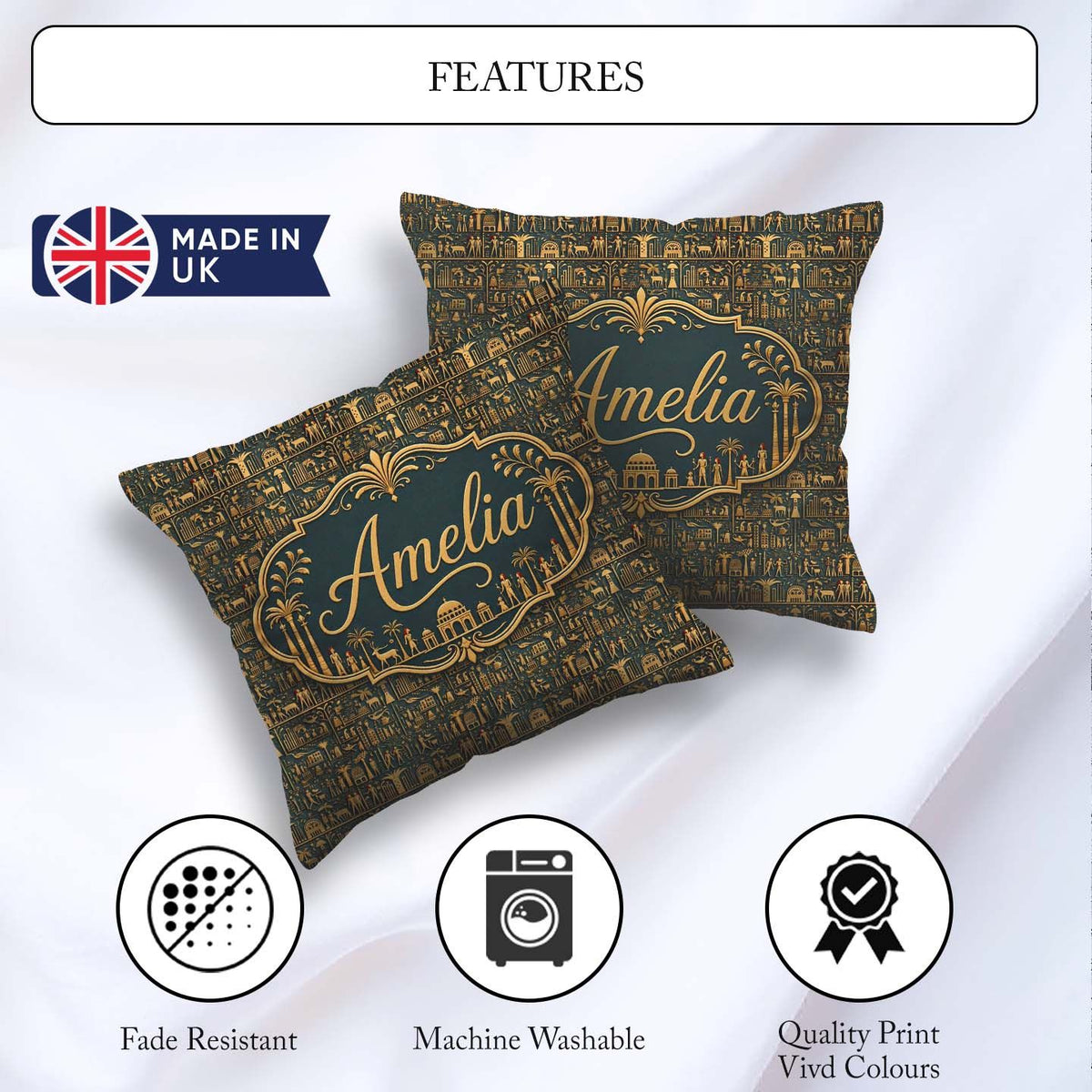 Custom Name Ancient Symbols Decorative Seamless Pattern Art Name Square Filled Cushion Throw Pillow Sofa Bed Home Decor Zip Washable UK Made