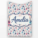 Colorful Electric Guitars Music Theme Seamless Pattern Art Name Cute  Personalised Custom Name Super Soft Fleece Blanket Bed Sofa Throw