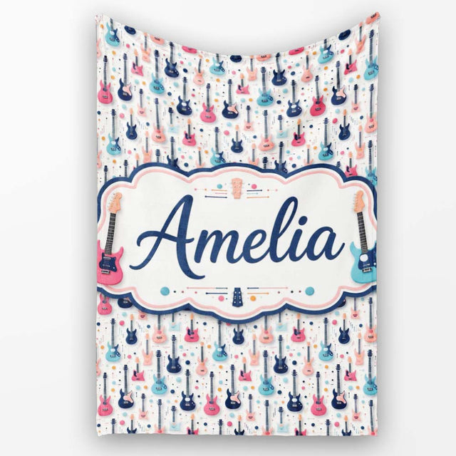 Colorful Electric Guitars Music Theme Seamless Pattern Art Name Cute  Personalised Custom Name Super Soft Fleece Blanket Bed Sofa Throw