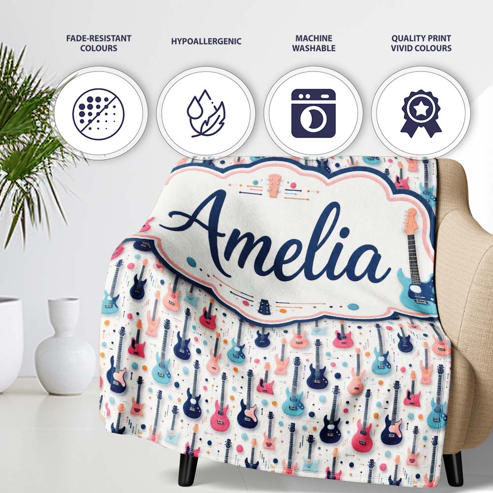 Colorful Electric Guitars Music Theme Seamless Pattern Art Name Cute  Personalised Custom Name Super Soft Fleece Blanket Bed Sofa Throw
