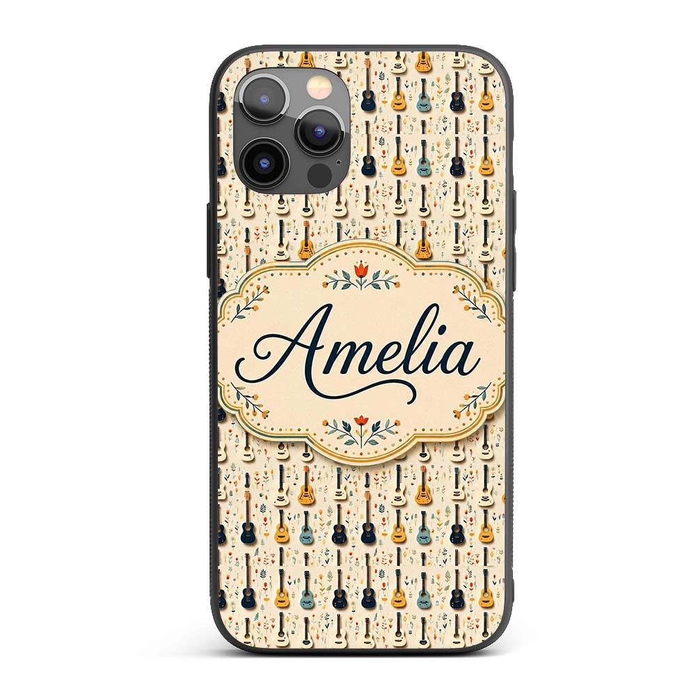 Vintage Acoustic Guitars Floral Theme Seamless Custom Name Protective Phone Case Mobile Cover Durable Everyday Smartphone Shock Resistant