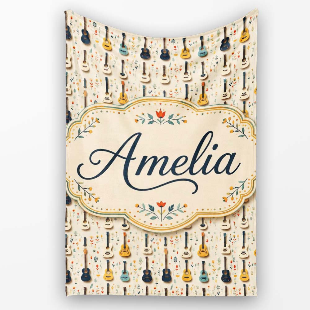 Vintage Acoustic Guitars Floral Theme Seamless Pattern Art Name Cute  Personalised Custom Name Super Soft Fleece Blanket Bed Sofa Throw