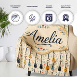 Vintage Acoustic Guitars Floral Theme Seamless Pattern Art Name Cute  Personalised Custom Name Super Soft Fleece Blanket Bed Sofa Throw