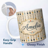Personalized Custom Name Vintage Acoustic Guitars Floral Theme Seamless Pattern Art Name Cute 11oz Ceramic Coffee Tea Mug White Large Handle