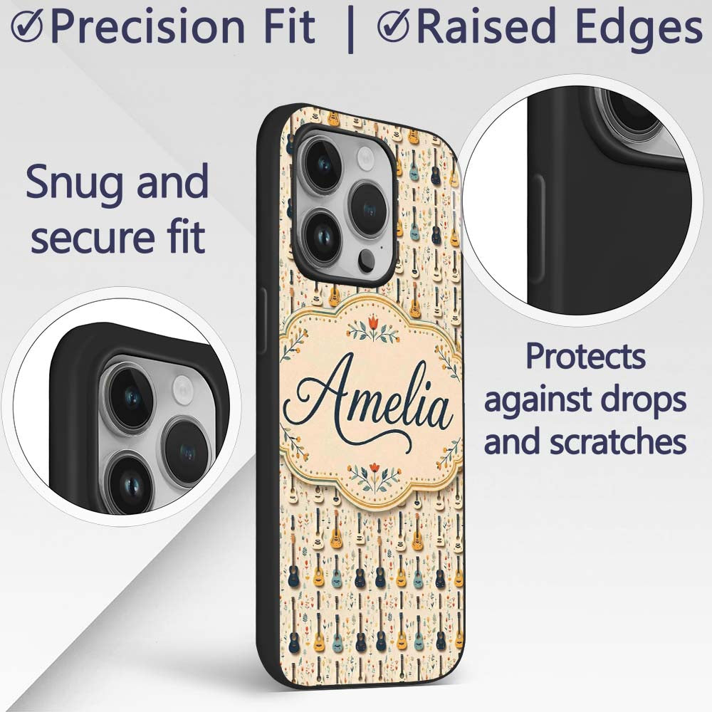 Vintage Acoustic Guitars Floral Theme Seamless Custom Name Protective Phone Case Mobile Cover Durable Everyday Smartphone Shock Resistant