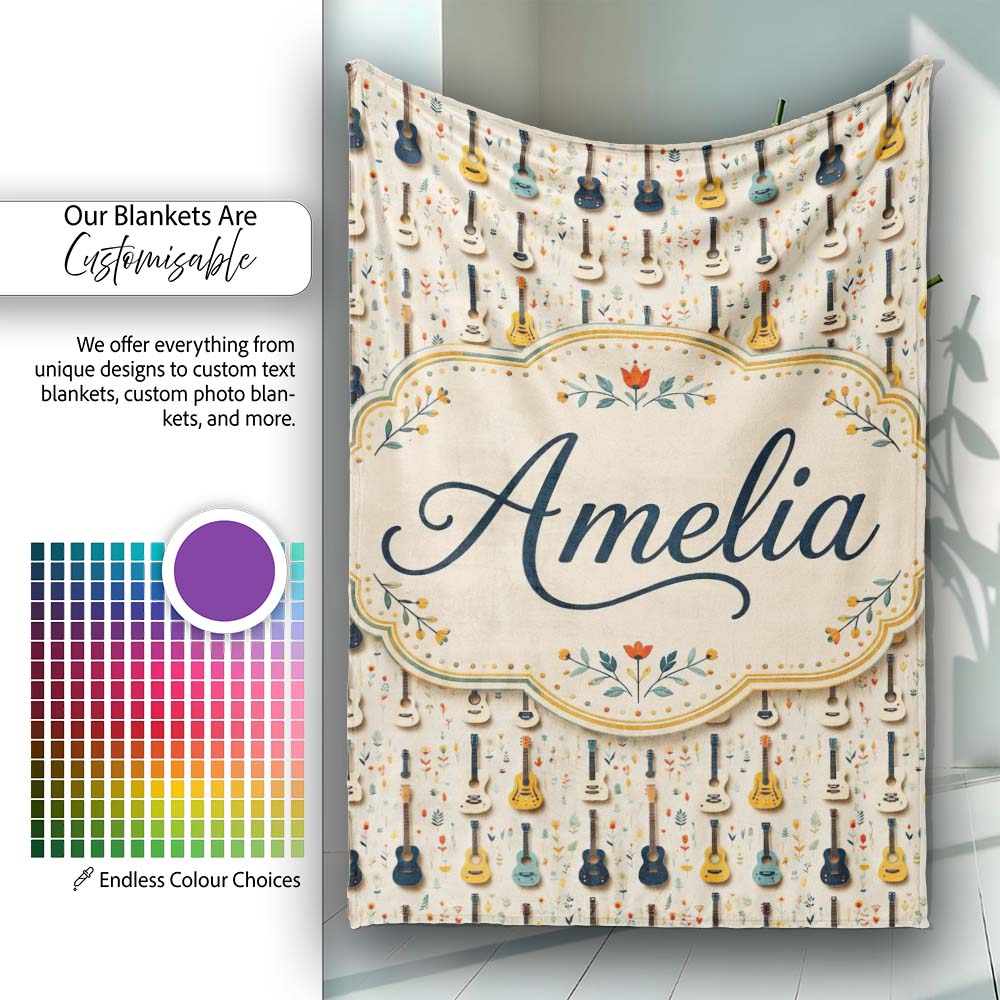 Vintage Acoustic Guitars Floral Theme Seamless Pattern Art Name Cute  Personalised Custom Name Super Soft Fleece Blanket Bed Sofa Throw