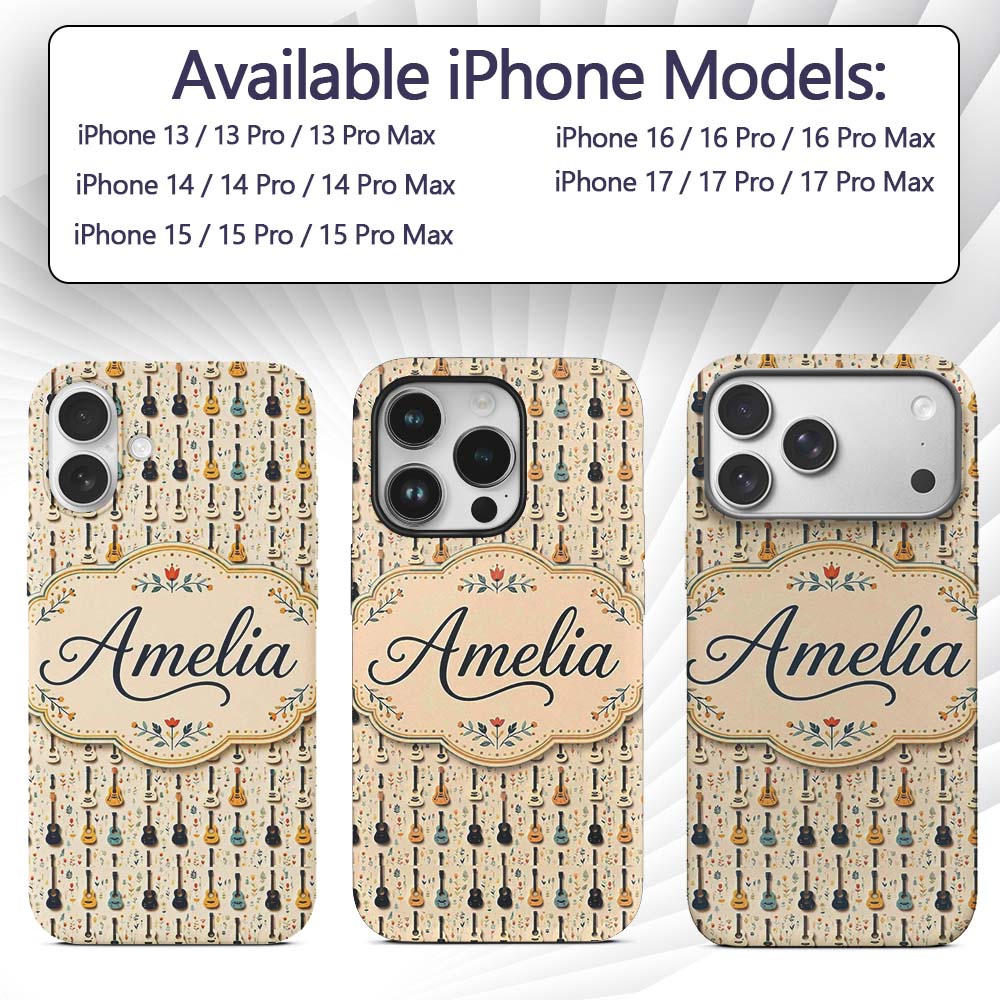 Vintage Acoustic Guitars Floral Theme Seamless Custom Name Protective Phone Case Mobile Cover Durable Everyday Smartphone Shock Resistant