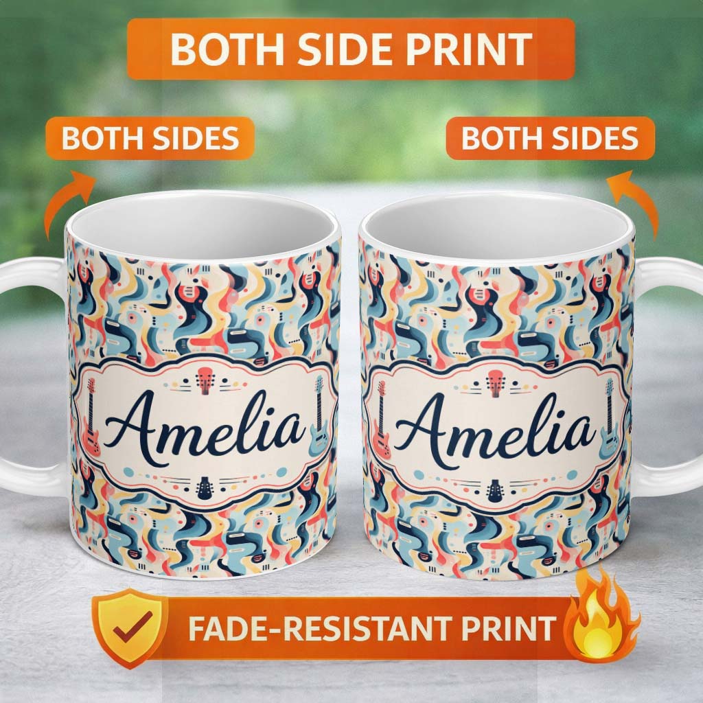 Personalized Custom Name Abstract Wave Shapes Colorful Seamless Pattern Name Cute Unique Gift 11oz Ceramic Coffee Tea Mug White Large Handle