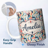Personalized Custom Name Abstract Wave Shapes Colorful Seamless Pattern Name Cute Unique Gift 11oz Ceramic Coffee Tea Mug White Large Handle
