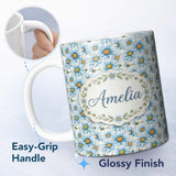 Personalized Custom Name Large Blue Daisy Floral Pattern with Soft Detail Seamless Pattern 11oz Ceramic Coffee Tea Mug White Large Handle