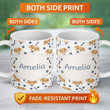 Personalized Custom Name Cute Dog Faces Paw Prints Bones White Background Seamless Pattern 11oz Ceramic Coffee Tea Mug White Large Handle