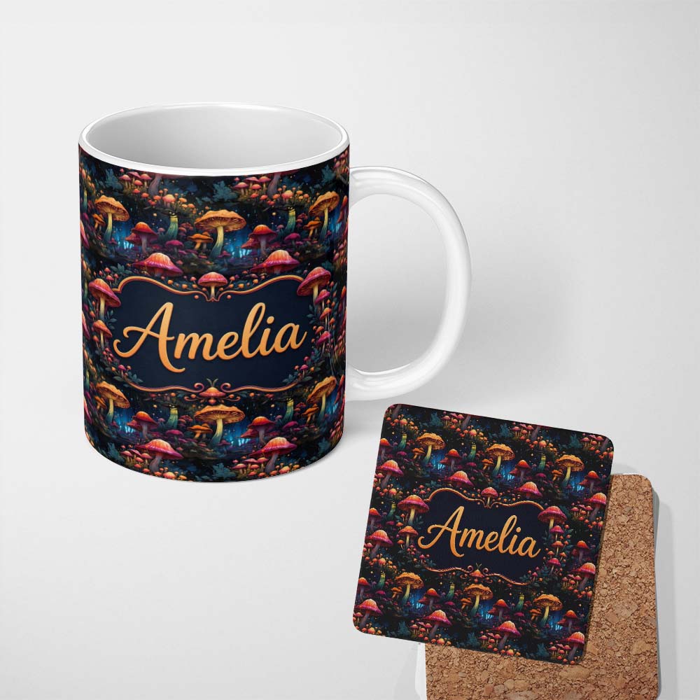 Personalized Custom Name Glowing Fantasy Mushroom Forest Night Seamless Pattern Name Cute 11oz Ceramic Coffee Tea Mug White Large Handle