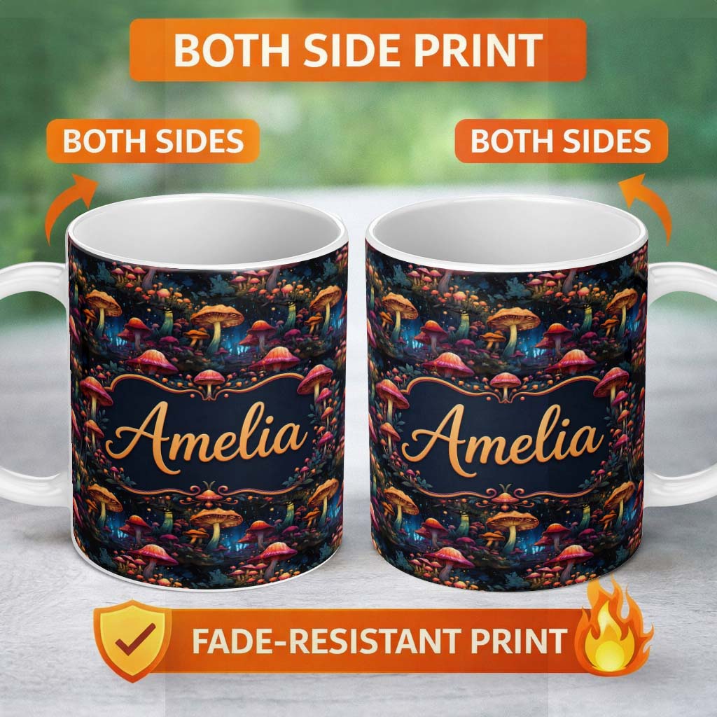Personalized Custom Name Glowing Fantasy Mushroom Forest Night Seamless Pattern Name Cute 11oz Ceramic Coffee Tea Mug White Large Handle