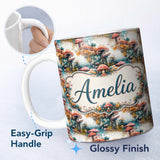 Personalized Custom Name Watercolor Fantasy Mushrooms Floral Seamless Pattern Name Cute 11oz Ceramic Coffee Tea Mug White Large Handle