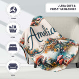 Watercolor Fantasy Mushrooms Floral Seamless Pattern Name Cute  Personalised Custom Name Super Soft Fleece Blanket Bed Sofa Throw