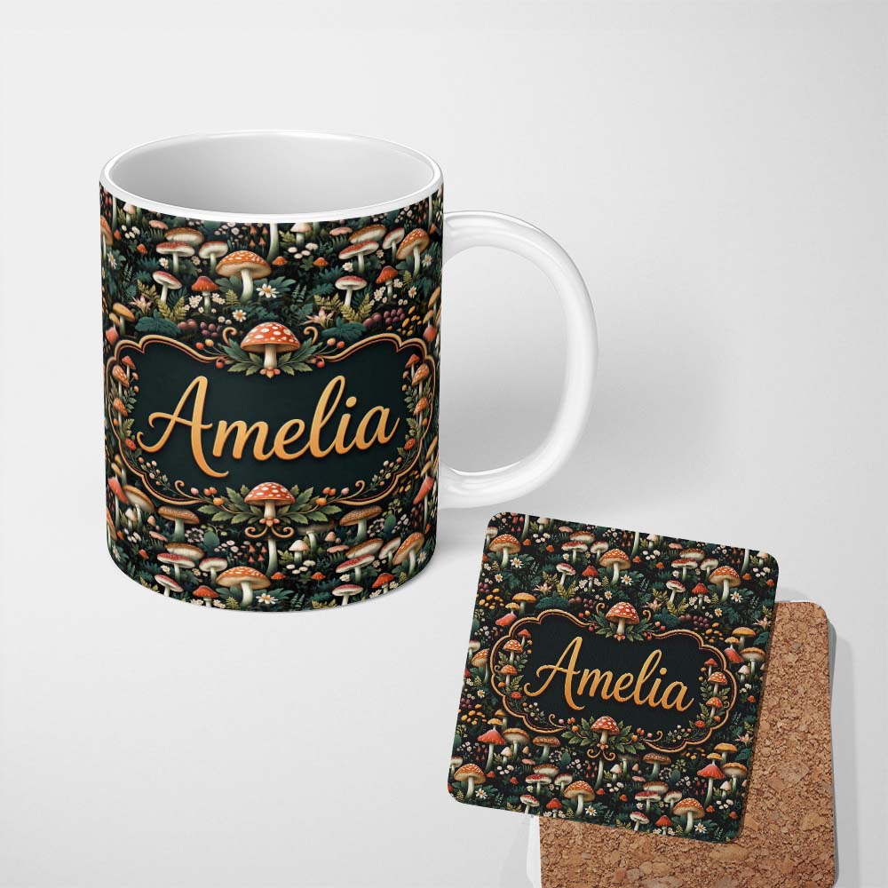 Personalized Custom Name Detailed Woodland Mushrooms Plants Seamless Pattern Name Cute 11oz Ceramic Coffee Tea Mug White Large Handle