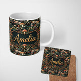 Personalized Custom Name Detailed Woodland Mushrooms Plants Seamless Pattern Name Cute 11oz Ceramic Coffee Tea Mug White Large Handle