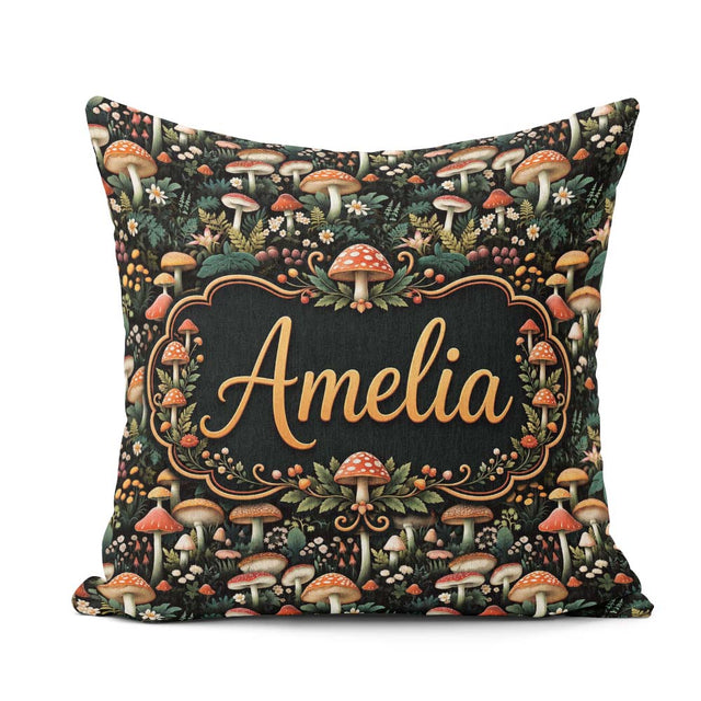 Custom Name Detailed Woodland Mushrooms Plants Pattern Name Cute Square Filled Cushion Throw Pillow Sofa Bed Home Decor Zip Washable UK Made