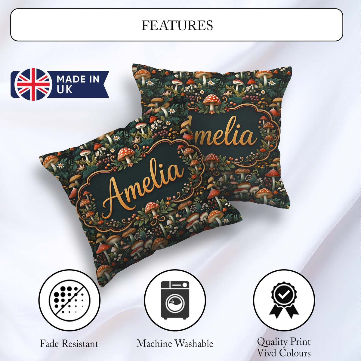 Custom Name Detailed Woodland Mushrooms Plants Pattern Name Cute Square Filled Cushion Throw Pillow Sofa Bed Home Decor Zip Washable UK Made