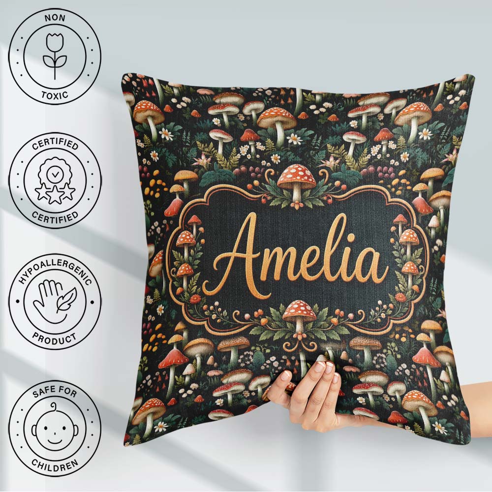 Custom Name Detailed Woodland Mushrooms Plants Pattern Name Cute Square Filled Cushion Throw Pillow Sofa Bed Home Decor Zip Washable UK Made