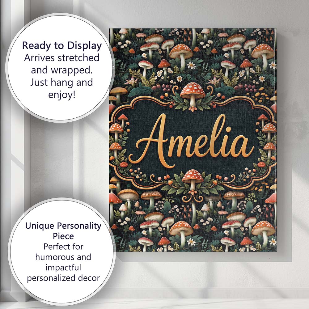 Personalised Name Detailed Woodland Mushrooms Custom Unique Gift Idea Modern Room Accent Canvas Wall Art Print Decor Picture Ready to Hang