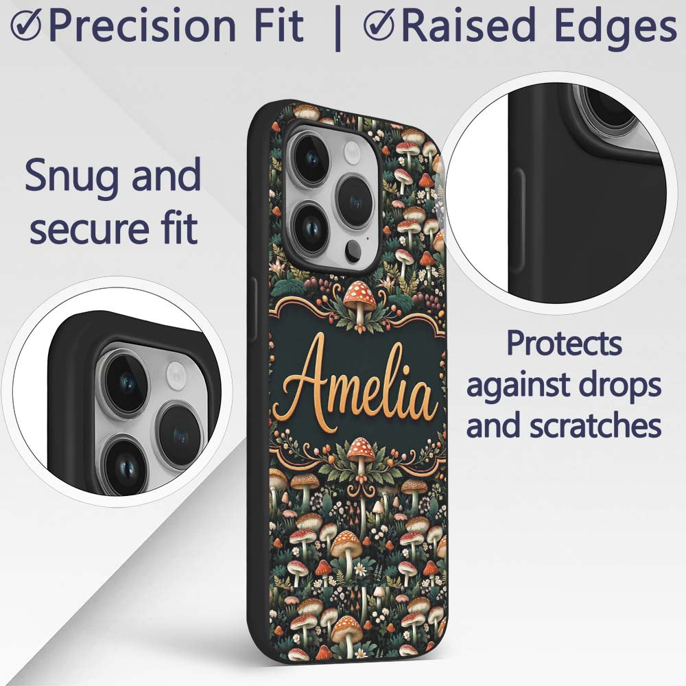 Detailed Woodland Mushrooms Plants Printed Design Custom Name Protective Phone Case Mobile Cover Durable Everyday Smartphone Shock Resistant