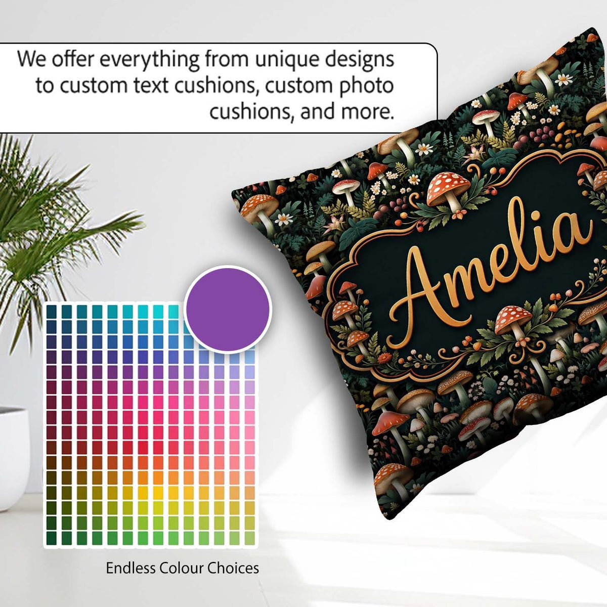 Custom Name Detailed Woodland Mushrooms Plants Pattern Name Cute Square Filled Cushion Throw Pillow Sofa Bed Home Decor Zip Washable UK Made