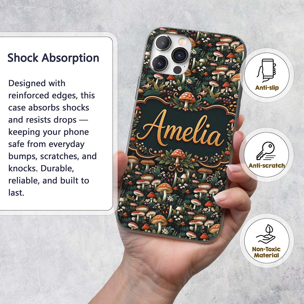 Detailed Woodland Mushrooms Plants Printed Design Custom Name Protective Phone Case Mobile Cover Durable Everyday Smartphone Shock Resistant