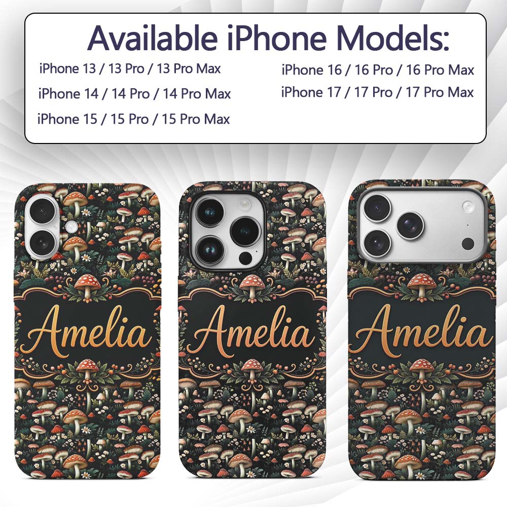 Detailed Woodland Mushrooms Plants Printed Design Custom Name Protective Phone Case Mobile Cover Durable Everyday Smartphone Shock Resistant