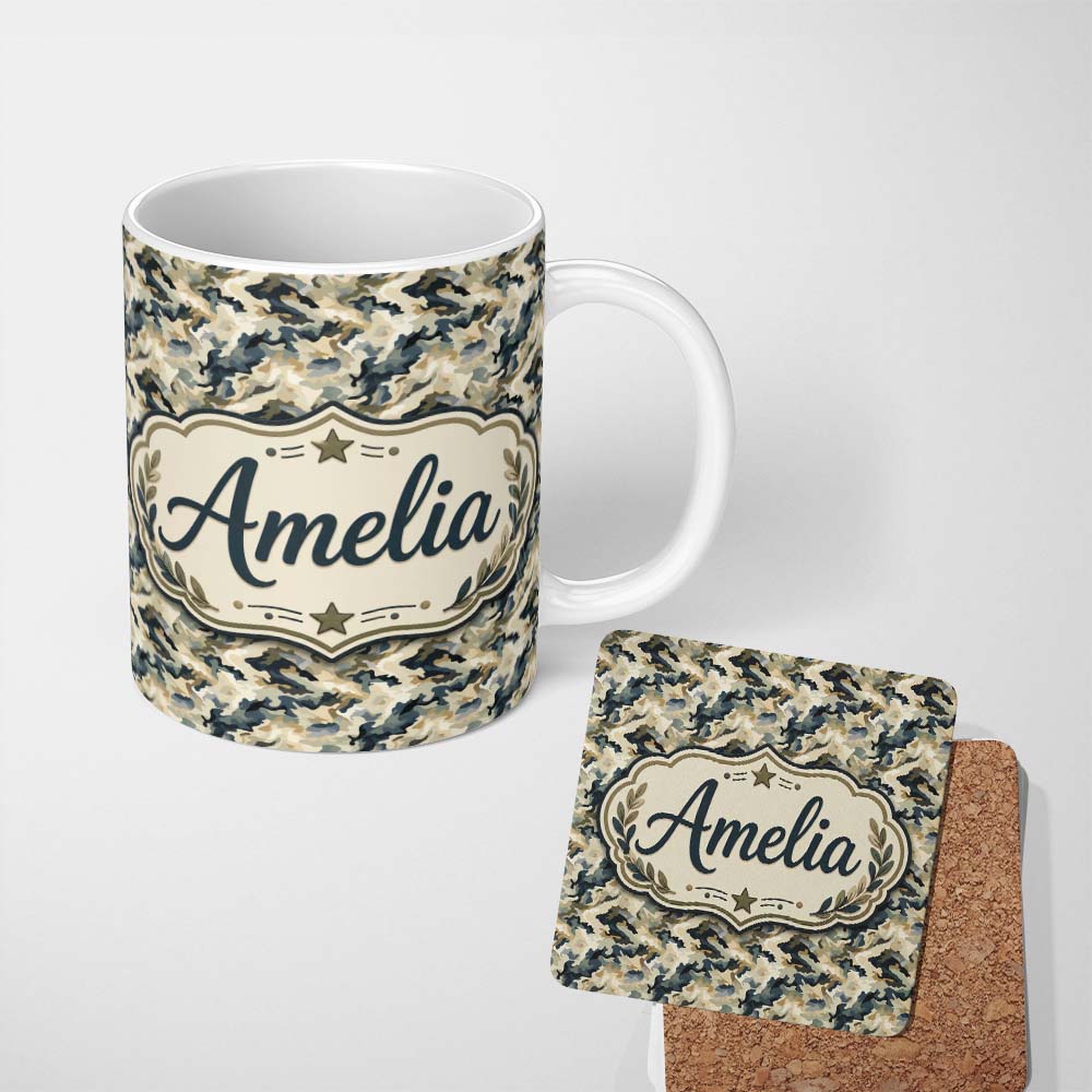 Personalized Custom Name Modern Camouflage Abstract Army Seamless Pattern Name Cute Unique 11oz Ceramic Coffee Tea Mug White Large Handle