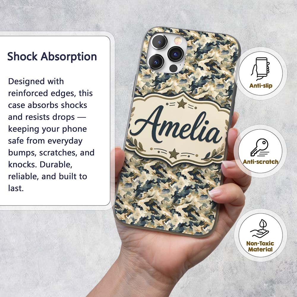 Modern Camouflage Abstract Army Seamless Pattern Custom Name Protective Phone Case Mobile Cover Durable Everyday Smartphone Shock Resistant
