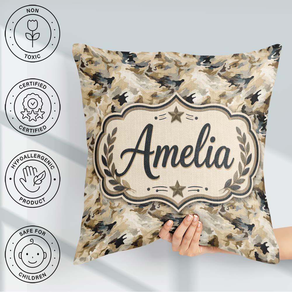 Custom Name Neutral Camouflage Texture Organic Pattern Name Cute Square Filled Cushion Throw Pillow Sofa Bed Home Decor Zip Washable UK Made