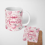 Personalized Custom Name Elegant Pink Watercolor Christmas Baubles Seamless Pattern Lovely 11oz Ceramic Coffee Tea Mug White Large Handle