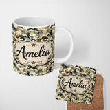Personalized Custom Name Classic Military Camouflage Green Brown Seamless Pattern Name Cute 11oz Ceramic Coffee Tea Mug White Large Handle