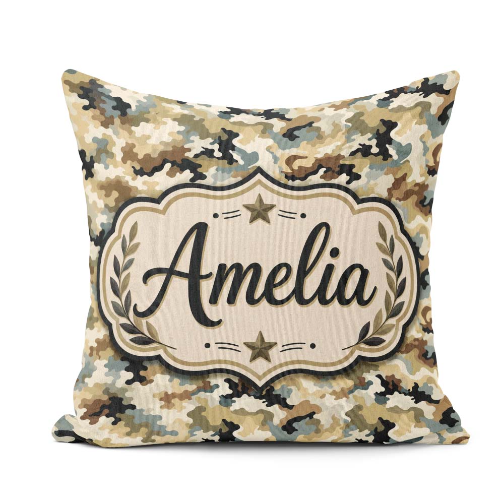 Custom Name Classic Military Camouflage Green Brown Pattern Name Square Filled Cushion Throw Pillow Sofa Bed Home Decor Zip Washable UK Made