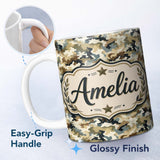 Personalized Custom Name Classic Military Camouflage Green Brown Seamless Pattern Name Cute 11oz Ceramic Coffee Tea Mug White Large Handle