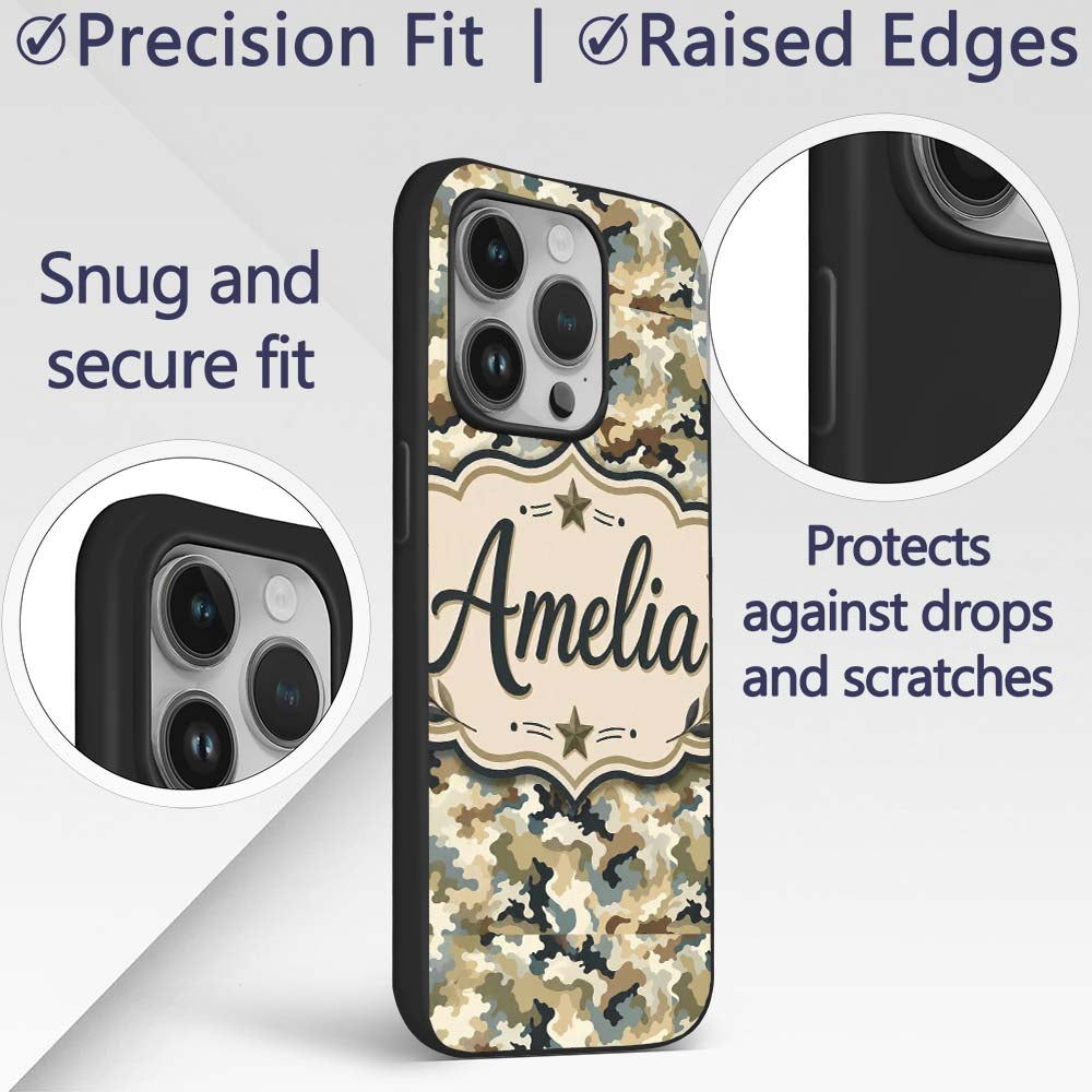 Classic Military Camouflage Green Brown Seamless Custom Name Protective Phone Case Mobile Cover Durable Everyday Smartphone Shock Resistant