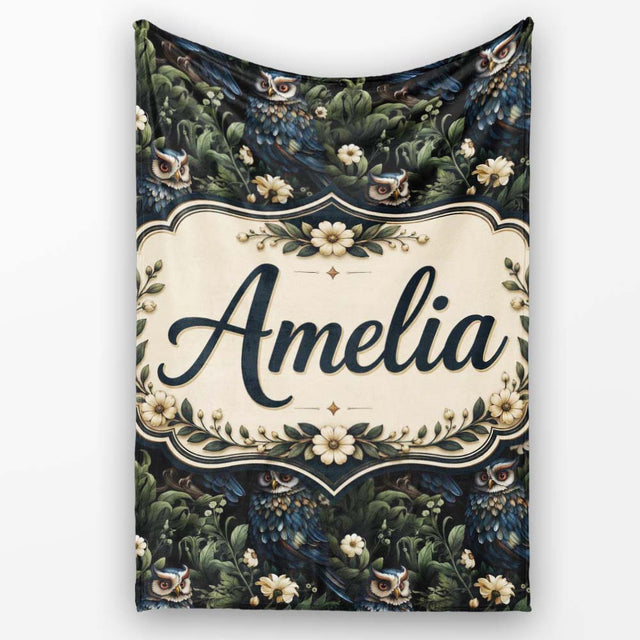 Realistic Owl Birds Dark Floral Forest Seamless Pattern Name Cute  Personalised Custom Name Super Soft Fleece Blanket Bed Sofa Throw