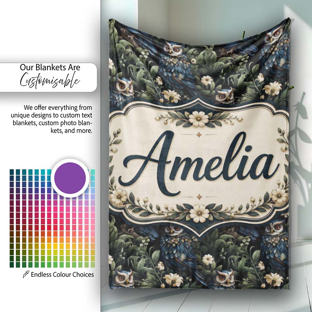 Realistic Owl Birds Dark Floral Forest Seamless Pattern Name Cute  Personalised Custom Name Super Soft Fleece Blanket Bed Sofa Throw