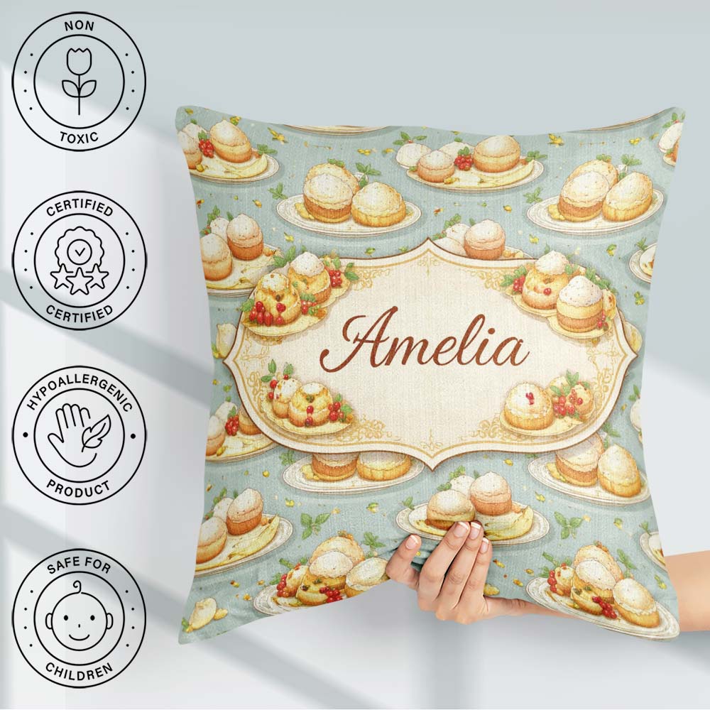 Custom Name Cupcake and Fruit Dessert Pastel Seamless Pattern Square Filled Cushion Throw Pillow Sofa Bed Home Decor Zip Washable UK Made