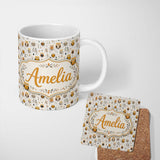Personalized Custom Name Cute Cartoon Owls Leaves Nature Seamless Pattern Name Unique Gift 11oz Ceramic Coffee Tea Mug White Large Handle