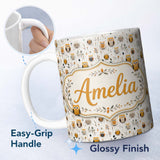 Personalized Custom Name Cute Cartoon Owls Leaves Nature Seamless Pattern Name Unique Gift 11oz Ceramic Coffee Tea Mug White Large Handle