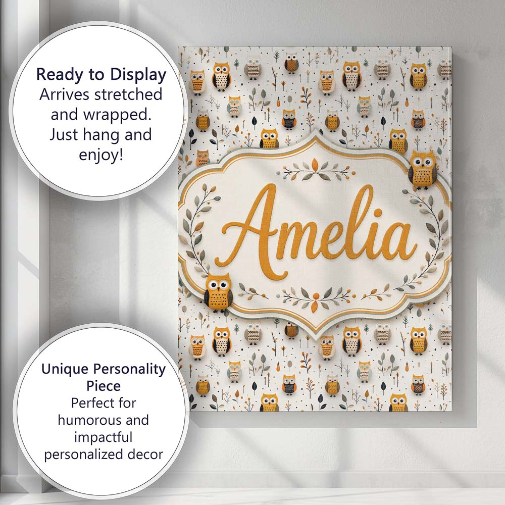 Personalised Name Cute Cartoon Owls Leaves Custom  Unique Gift Idea Elegant Feature Canvas Wall Art Print Decor Picture Ready to Hang