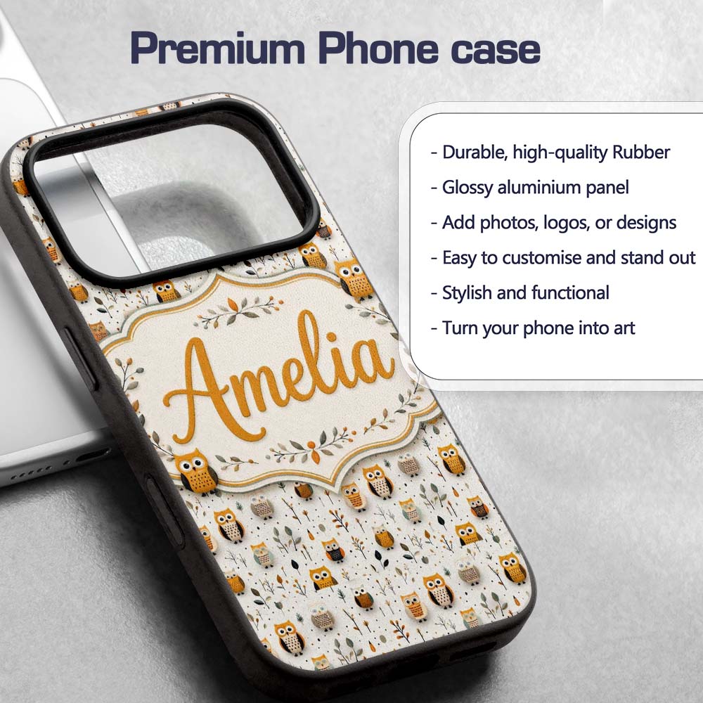 Cute Cartoon Owls Leaves Nature Seamless Pattern Custom Name Protective Phone Case Mobile Cover Durable Everyday Smartphone Shock Resistant