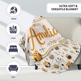 Cute Cartoon Owls Leaves Nature Seamless Pattern Name Unique Gift  Personalised Custom Name Super Soft Fleece Blanket Bed Sofa Throw