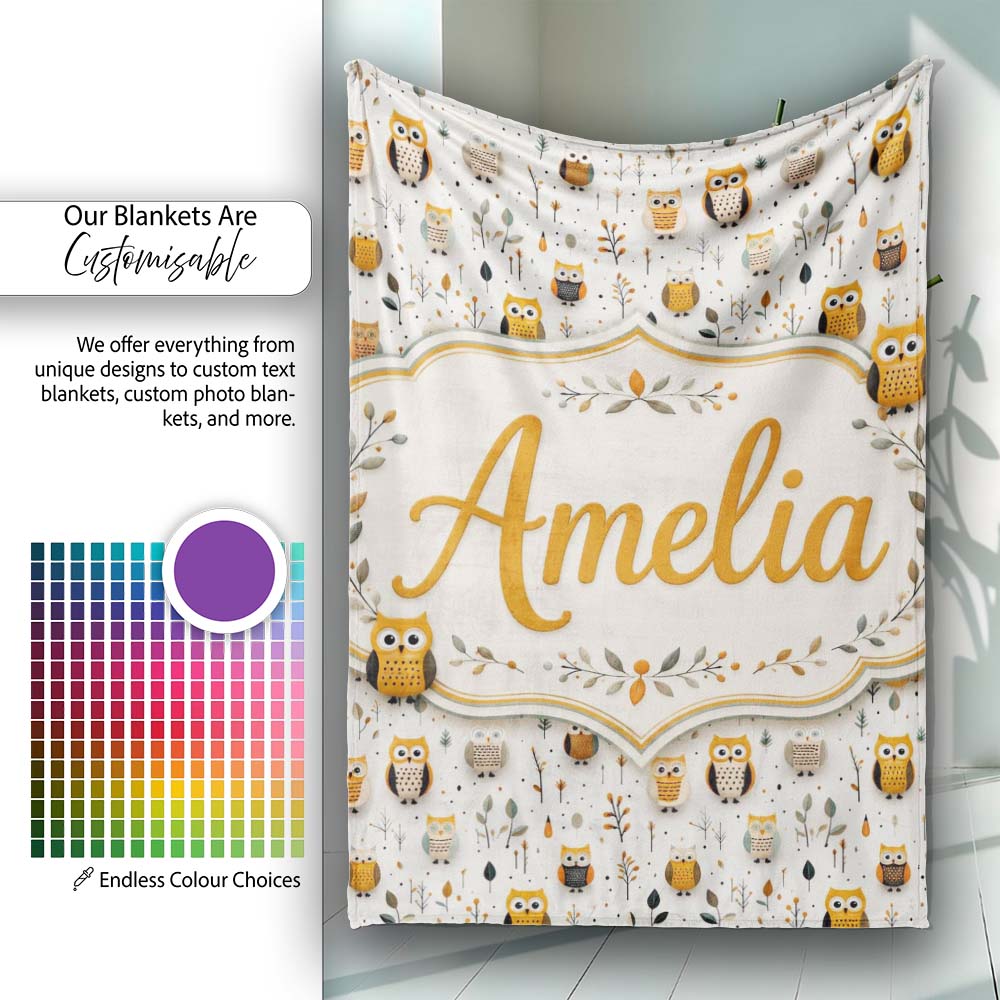 Cute Cartoon Owls Leaves Nature Seamless Pattern Name Unique Gift  Personalised Custom Name Super Soft Fleece Blanket Bed Sofa Throw