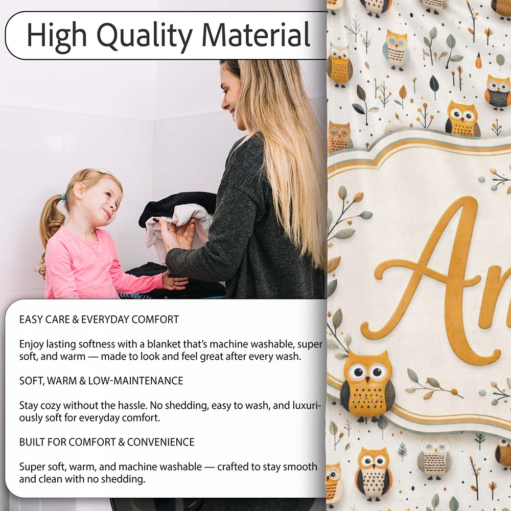 Cute Cartoon Owls Leaves Nature Seamless Pattern Name Unique Gift  Personalised Custom Name Super Soft Fleece Blanket Bed Sofa Throw