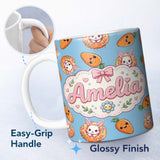 Personalized Custom Name Cute Easter Bunny Carrot Donut Hearts Seamless Pattern Sky Blue 11oz Ceramic Coffee Tea Mug White Large Handle