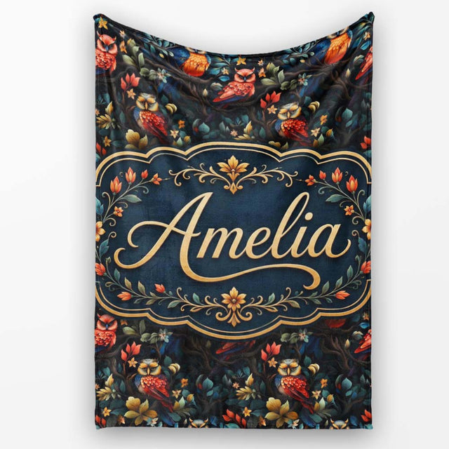 Colorful Owl Birds Floral Night Seamless Pattern Name Cute Unique  Personalised Custom Name Super Soft Fleece Blanket Bed Sofa Throw
