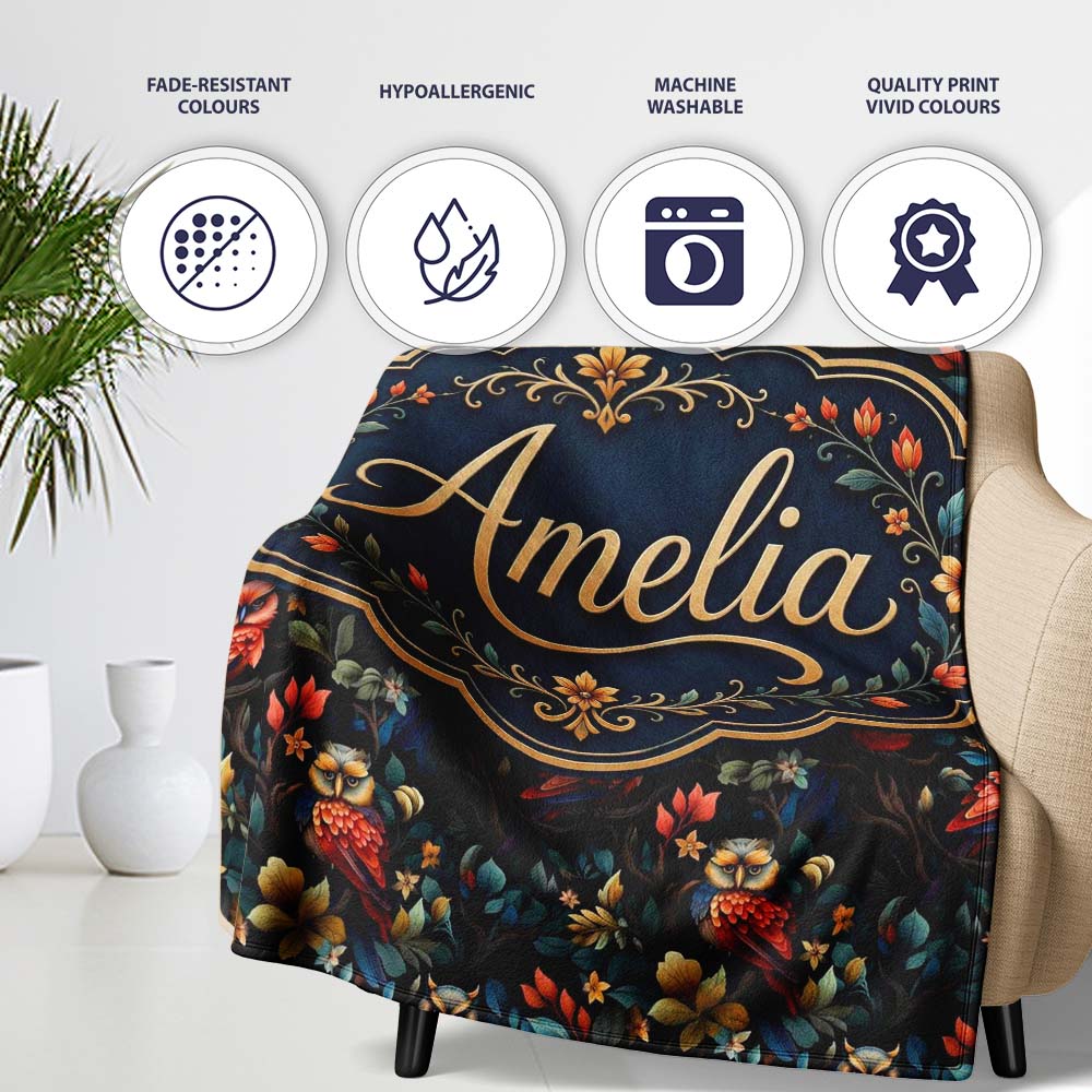 Colorful Owl Birds Floral Night Seamless Pattern Name Cute Unique  Personalised Custom Name Super Soft Fleece Blanket Bed Sofa Throw